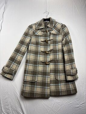 GAP Y2K Women’s Wool Blend Plaid Duffle Toggle Coat Peacoat XS Statement Jacket
